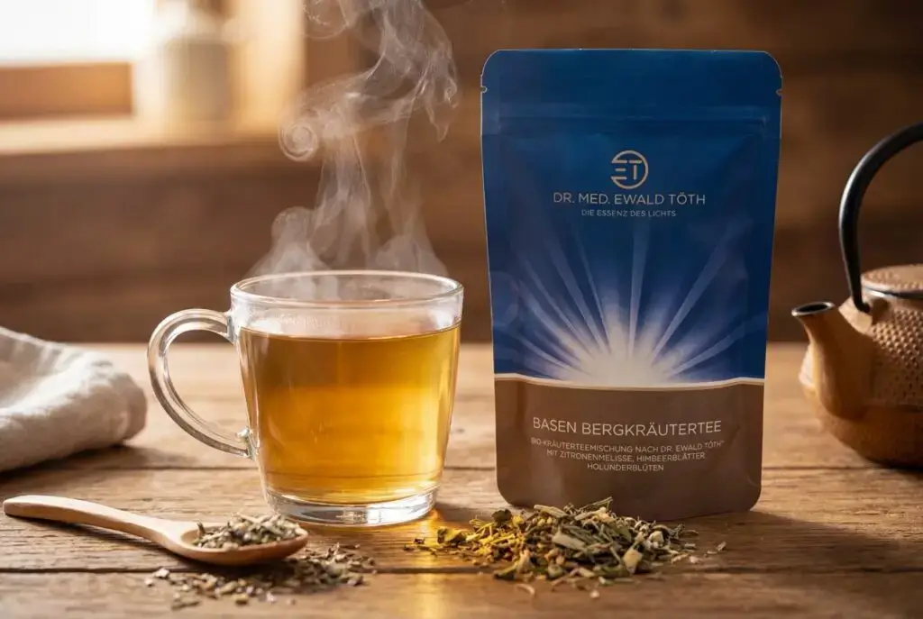 Eine dampfende Glastasse mit Kräutertee steht neben einer Packung mit der Aufschrift "Dr. Med. Ewald Töth Basen Bergkräutertee" auf einem Holztisch, daneben lose Teeblätter, eine Teekanne und ein weißes Tuch - eine einladende Szene, inspiriert von Dr. Töth Seminaren auf der Lichtquellalm.
