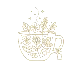Eine zarte Linienzeichnung einer Teetasse, gefüllt mit blühenden Blumen und Blättern, inspiriert von Blütenessenzen. Die Illustration verwendet leichte, feine Linien, um ein sanftes, elegantes Blumenmuster innerhalb des Umrisses der Tasse zu schaffen.