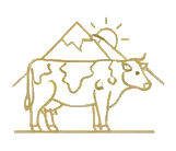 Eine goldene Strichzeichnung einer Kuh steht vor einem Berg, hinter dem die Sonne aufgeht. Sie fängt die ruhige Stimmung der Lichtquellalm ein, wo Seminare auf Blütenessenzen zur Inspiration durch die Natur einladen.