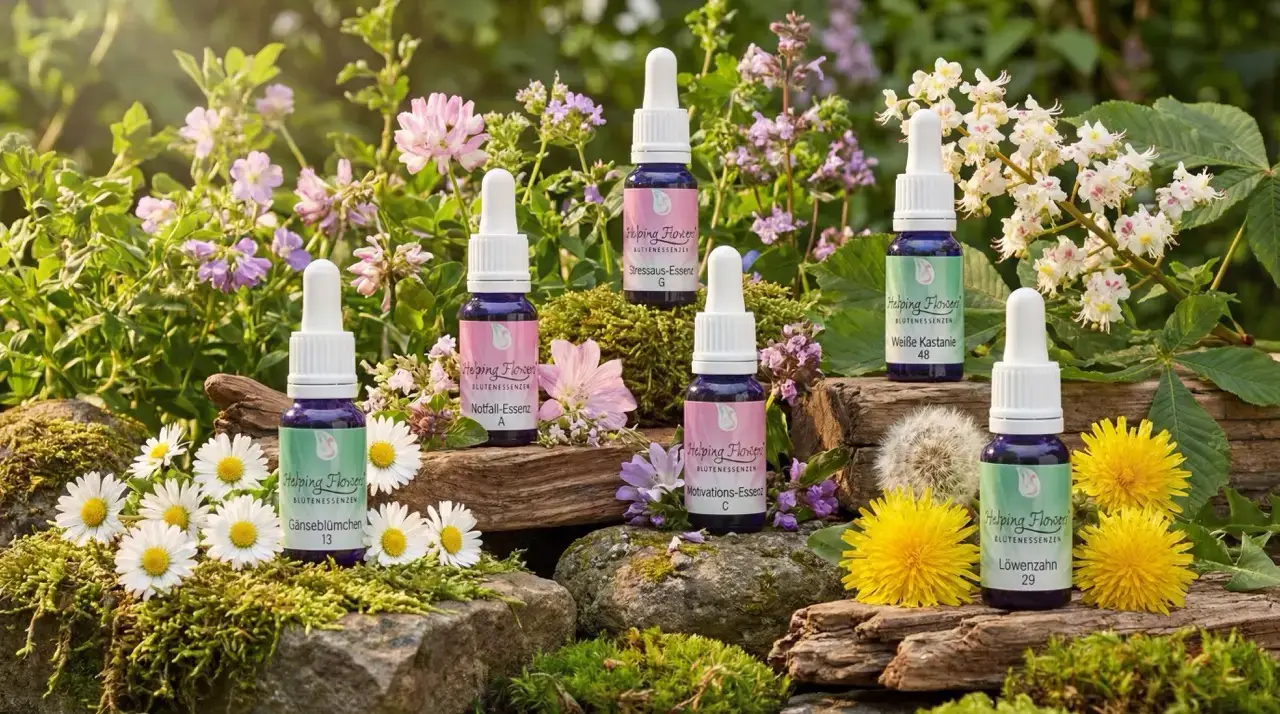 Auf der Lichtquellalm stehen zwischen Steinen, Moos und Wildblumen mehrere kleine Fläschchen mit Blütenessenzen und bunten Etiketten. Diese lebendige Gartenlandschaft ist üppig, natürlich und hell beleuchtet - perfekt für Seminare im Einklang mit der Natur.