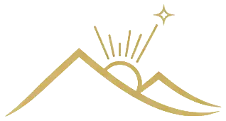 Ein stilisierter goldener Umriss von Bergen, hinter denen die Sonne aufgeht, mit nach oben gerichteten Strahlen und einem vierzackigen Stern am Himmel rechts, der Dr. Töths Licht-Quanten Forschung darstellt.