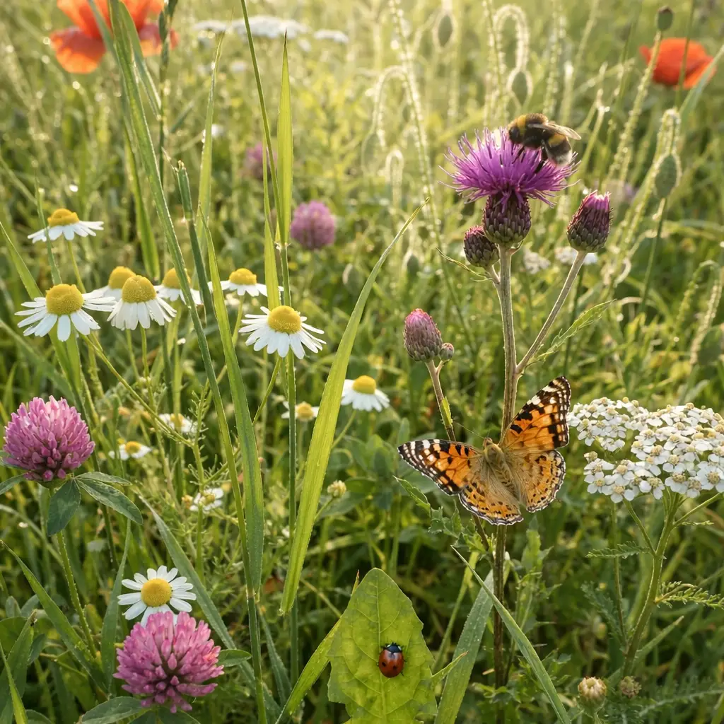 Ein Schmetterling ruht sich auf einer violetten Distelblüte in einer sonnenbeschienenen Wiese mit Gänseblümchen und Klee aus, während eine Biene in der Nähe Nektar sammelt - eine inspirierende Szene, die in Dr. Töths Licht-Quanten Forschung Seminaren oft untersucht wird. Ein Marienkäfer sitzt auf einem grünen Blatt im Vordergrund.