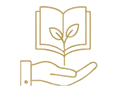 Ein goldener Umriss einer offenen Hand, die ein aufgeschlagenes Buch hält, aus dessen Seiten eine kleine Pflanze wächst, symbolisiert Wissen und Wachstum - perfekt für Dr. Töth Seminare auf der Lichtquellalm.