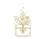 Eine minimalistische, goldfarbene Illustration einer Topfpflanze mit drei Blättern und einer kleinen Blüte, inspiriert von Blütenessenzen, vor einem weißen Hintergrund.