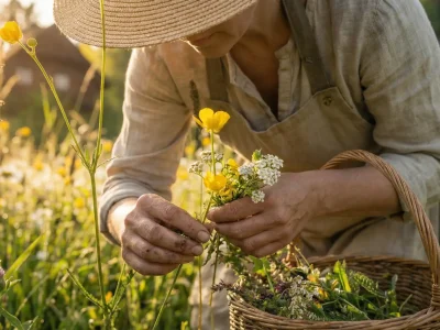 Eine Person mit Strohhut und Leinenhemd pflückt auf einer sonnenbeschienenen Wiese auf der Lichtquellalm Wildblumen. Sie hält gelbe und weiße Blüten in der Hand und stellt einen geflochtenen Blumenkorb daneben.