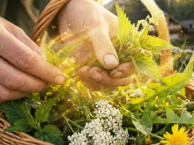 Die Hände einer Person pflücken sanft frische grüne Kräuter und Wildblumen in einem geflochtenen Korb auf der Lichtquellalm, wobei das Sonnenlicht die Pflanzen beleuchtet und einen magischen, leuchtenden Effekt erzeugt - die perfekte Inspiration für Licht-Quanten Forschung Seminare.