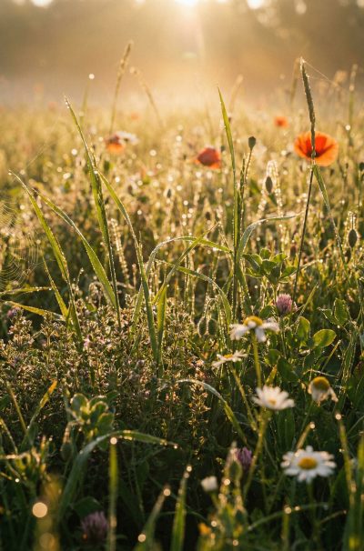 Wildblumen und hohes, mit Tau bedecktes Gras glitzern im goldenen Sonnenlicht des frühen Morgens, mit einem weichen Fokus. Inspiriert von den Blütenessenzen aus Dr. Töths Licht-Quanten-Forschung sorgen orangefarbene Mohnblumen und weiße Gänseblümchen für eine lebendige Atmosphäre auf dem Feld.
